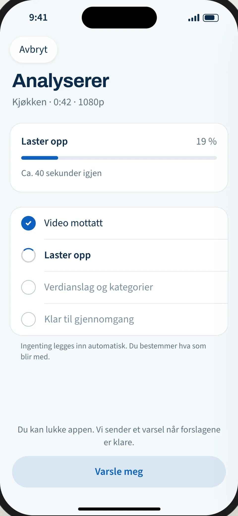 Analyse av kjøkkenet: bildene lastes opp, og appen ser etter gjenstander og verdier.