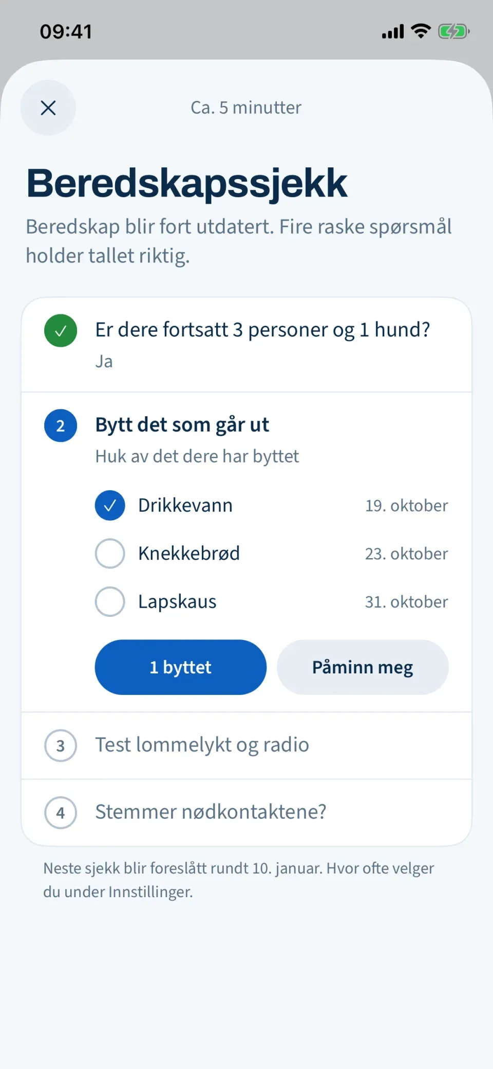 Beredskapssjekk med fire spørsmål. Det andre viser varene som går ut før neste sjekk, med en avhuking for hver.