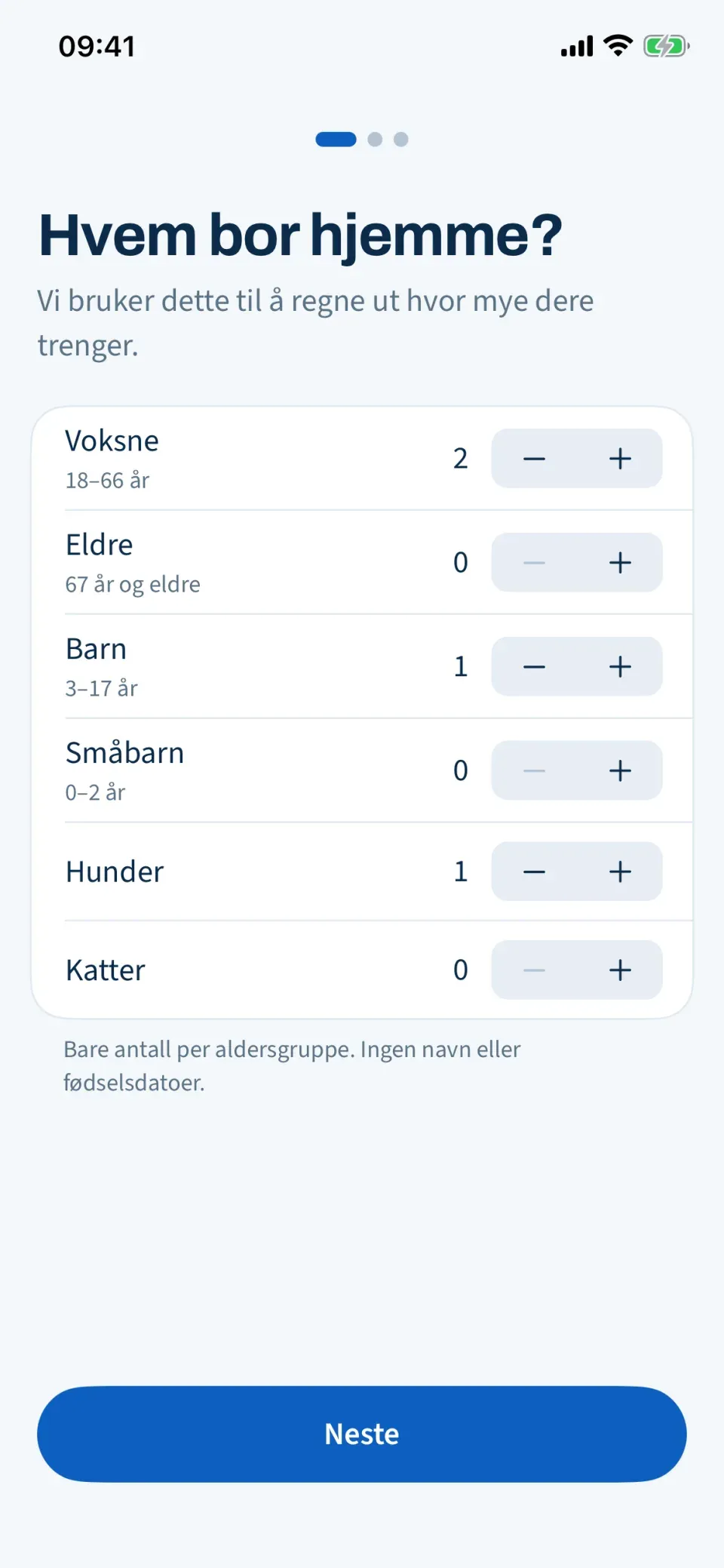 Skjermen «Hvem bor hjemme?» med antall voksne, eldre, barn, småbarn, hunder og katter.