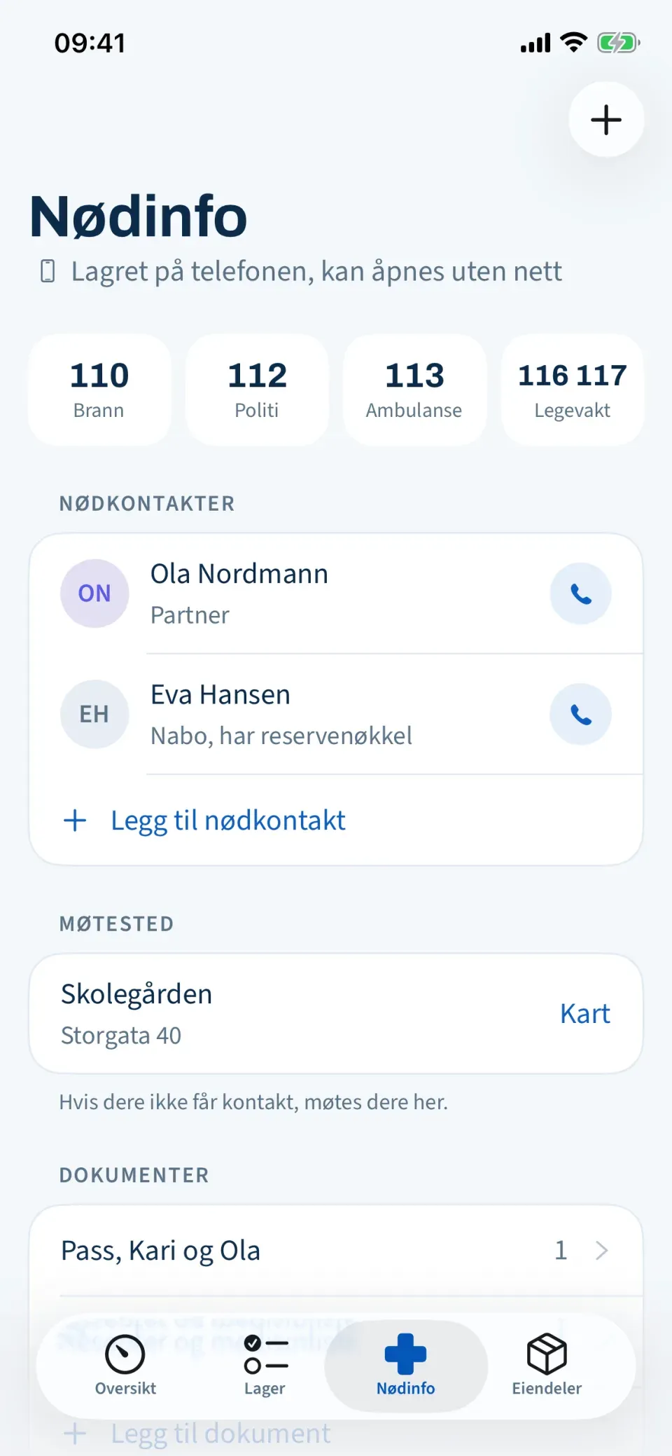 Nødinfo med nødnumrene 110, 112, 113 og 116 117, to nødkontakter, møtested og dokumenter.