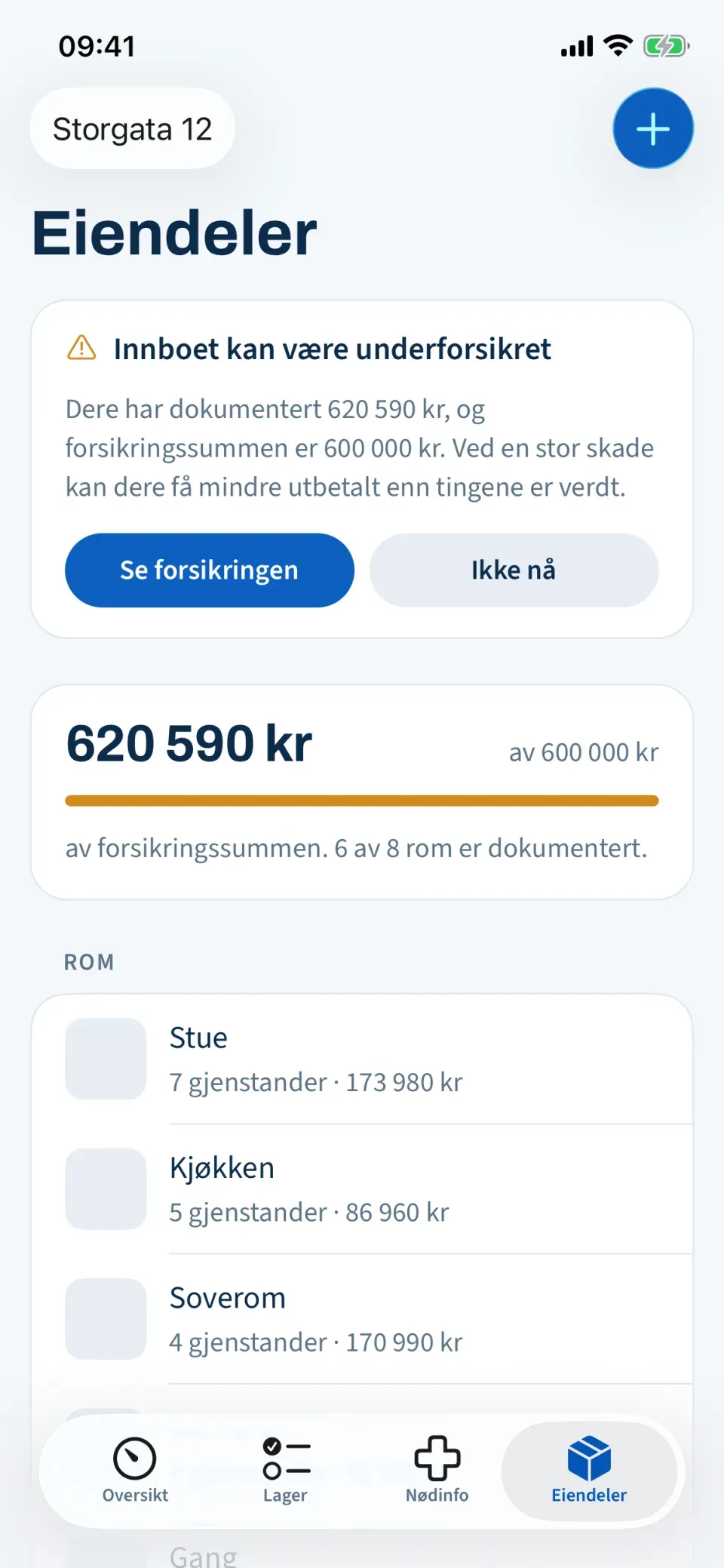 Eiendeler med varselet «Innboet kan være underforsikret»: dokumentert 620 590 kr mot en forsikringssum på 600 000 kr.